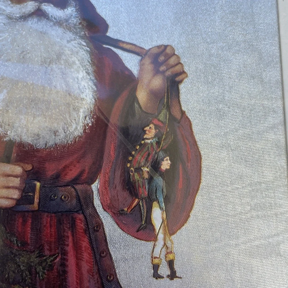Large Christmas Die Cut Santa Two Puppets & Robins Perched on Holly Holiday Vntg
